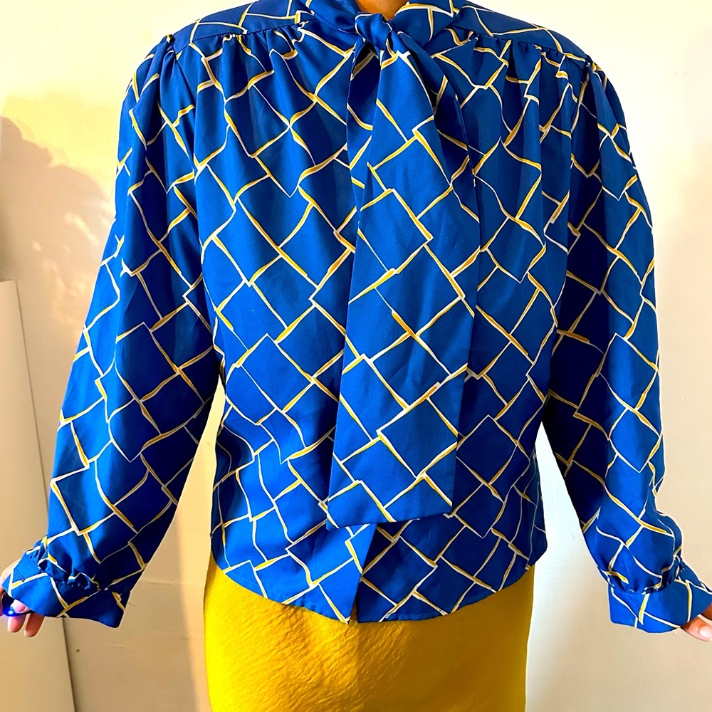 Vintage Tie Neck Blouse in Blue and Yellow